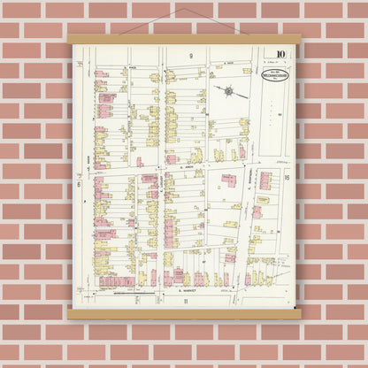 Old map wall art mockup — magnetic wood frame on brick wall — Sanborn Fire Insurance Map from Mechanicsburg, Cumberland County, Pennsylvania (1911), Sheet #0010