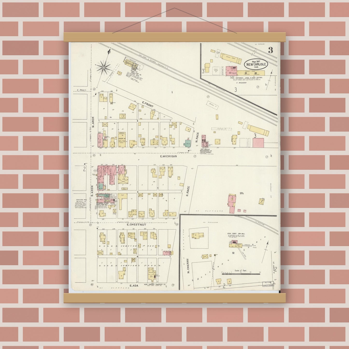 Old map wall art mockup — magnetic wood frame on brick wall — Sanborn Fire Insurance Map from New Carlisle, Saint Joseph County, Indiana (1907), Sheet #0003