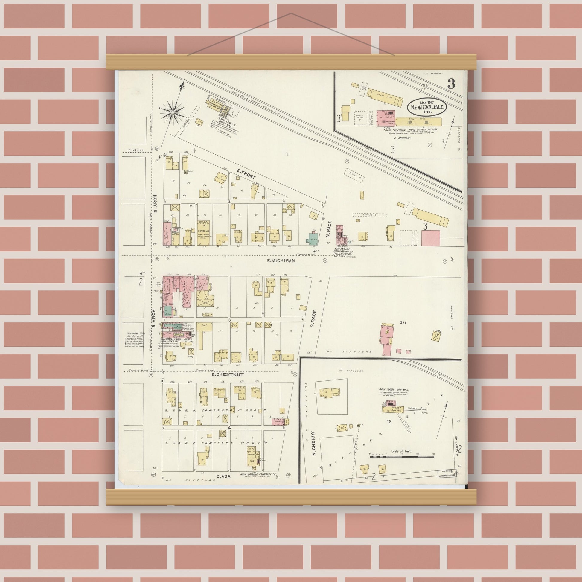 Old map wall art mockup — magnetic wood frame on brick wall — Sanborn Fire Insurance Map from New Carlisle, Saint Joseph County, Indiana (1907), Sheet #0003
