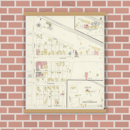 Old map wall art mockup — magnetic wood frame on brick wall — Sanborn Fire Insurance Map from New Carlisle, Saint Joseph County, Indiana (1907), Sheet #0003