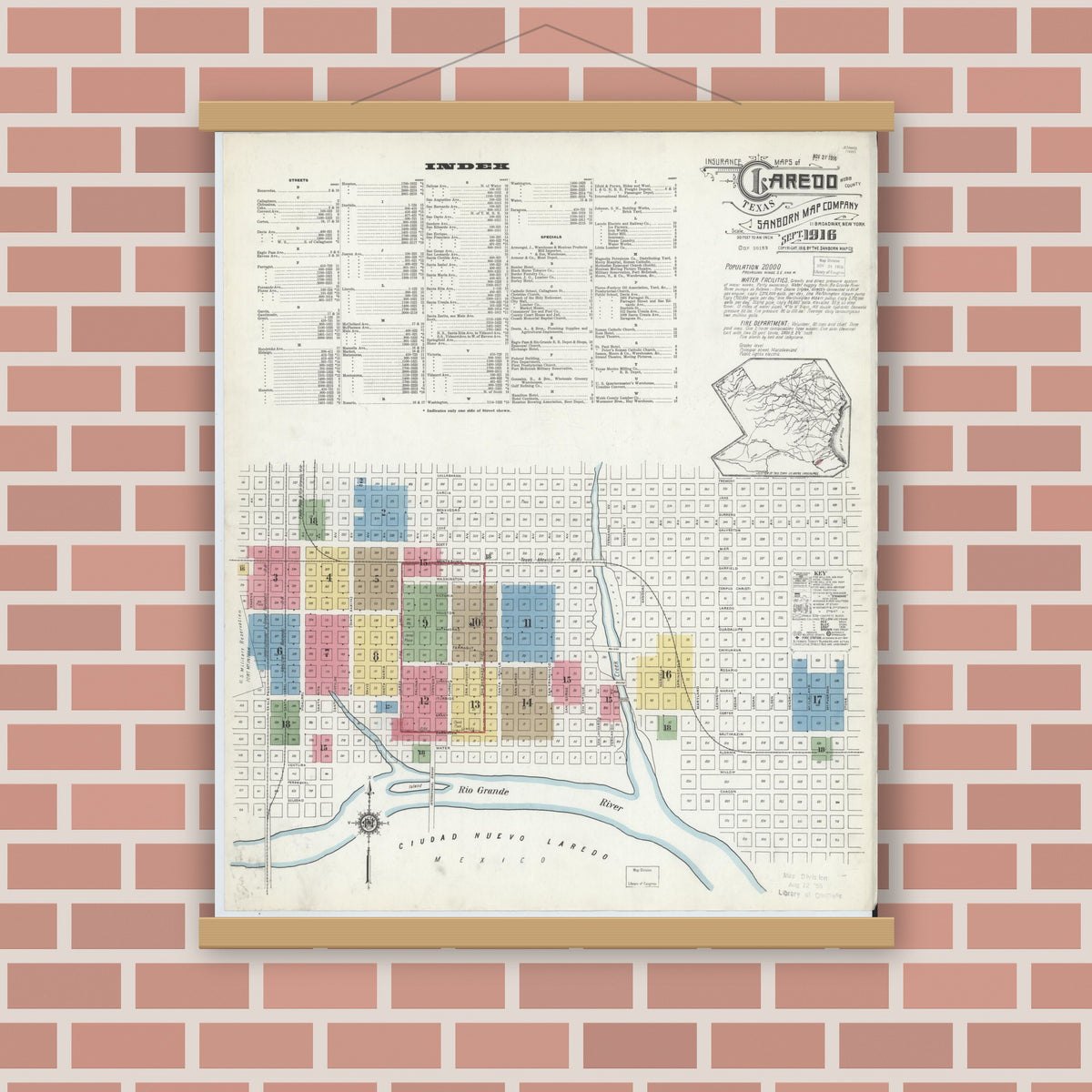Old map wall art mockup — magnetic wood frame on brick wall — Sanborn Fire Insurance Map from Laredo, Webb County, Texas (1916) - Complete Map Set