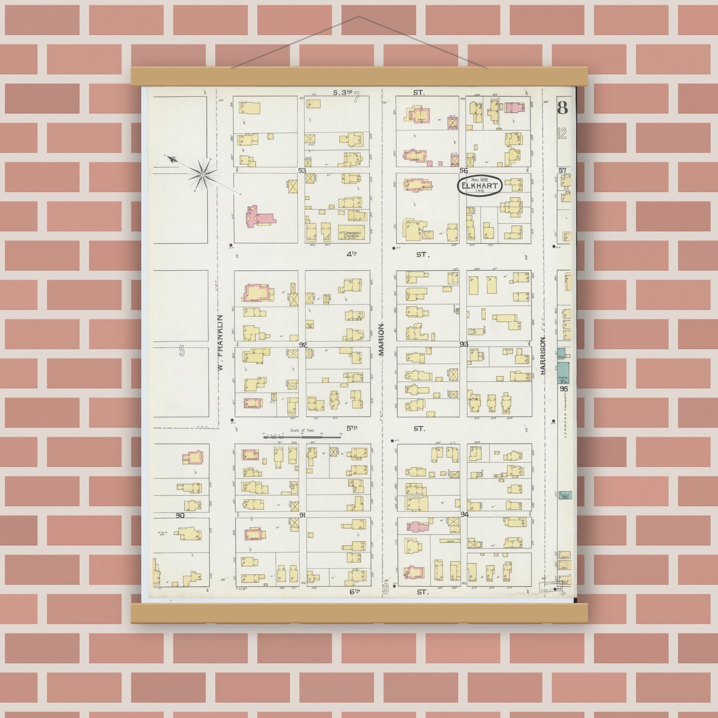 Old map wall art mockup — magnetic wood frame on brick wall — Sanborn Fire Insurance Map from Elkhart, Elkhart County, Indiana (1892), Sheet #0008
