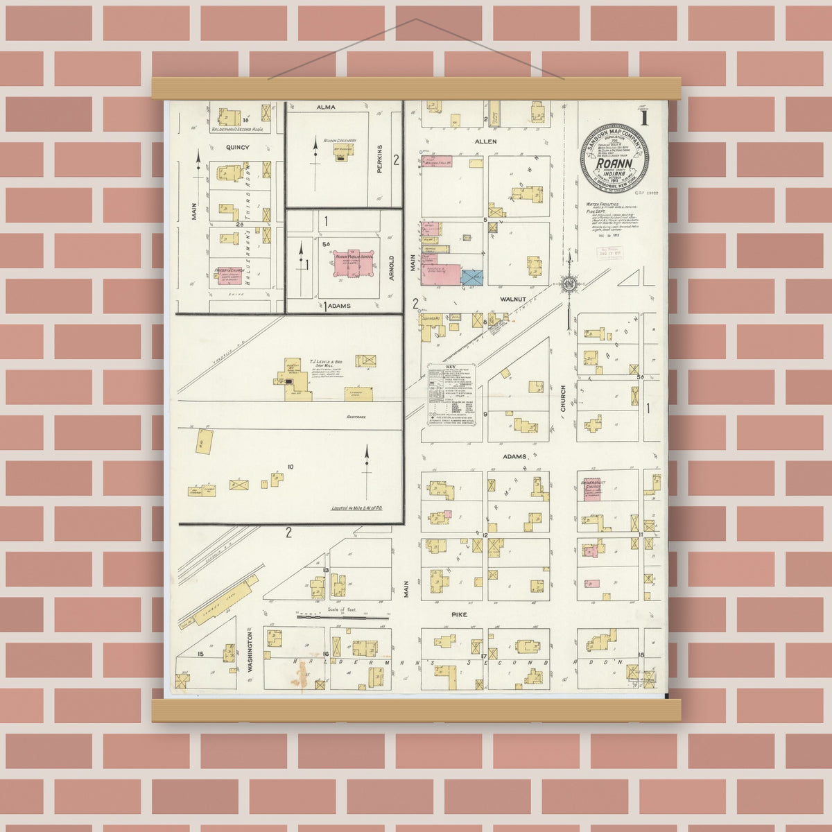 Old map wall art mockup — magnetic wood frame on brick wall — Sanborn Fire Insurance Map from Roann, Wabash County, Indiana (1911), Sheet #0001