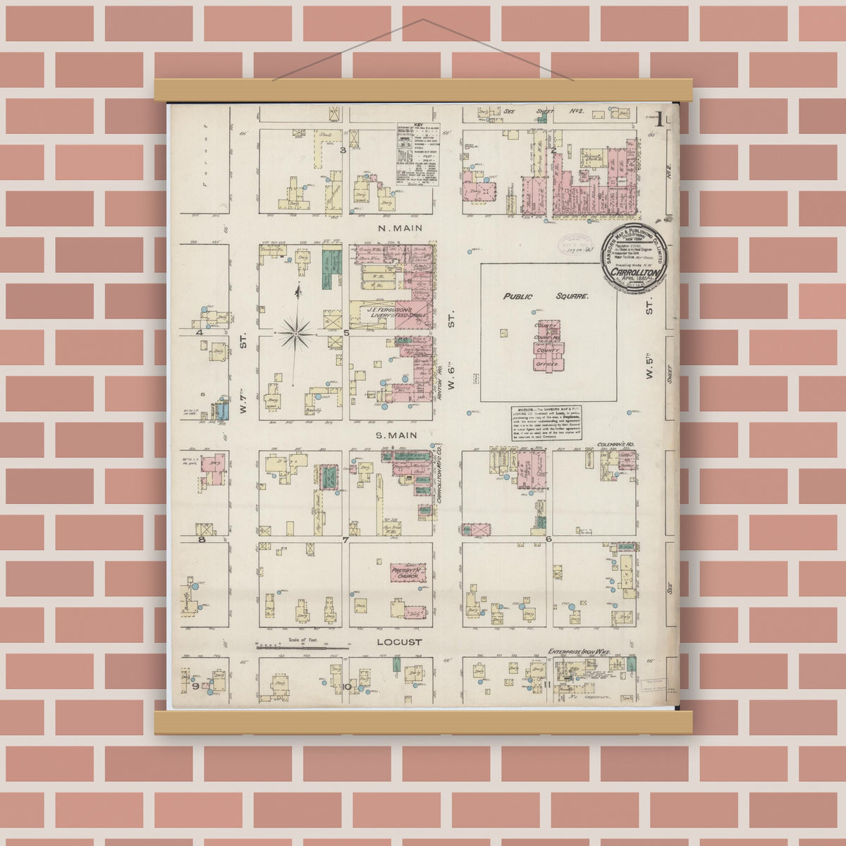 Old map wall art mockup — magnetic wood frame on brick wall — Sanborn Fire Insurance Map from Carrollton, Greene County, Illinois (1885), Sheet #0001
