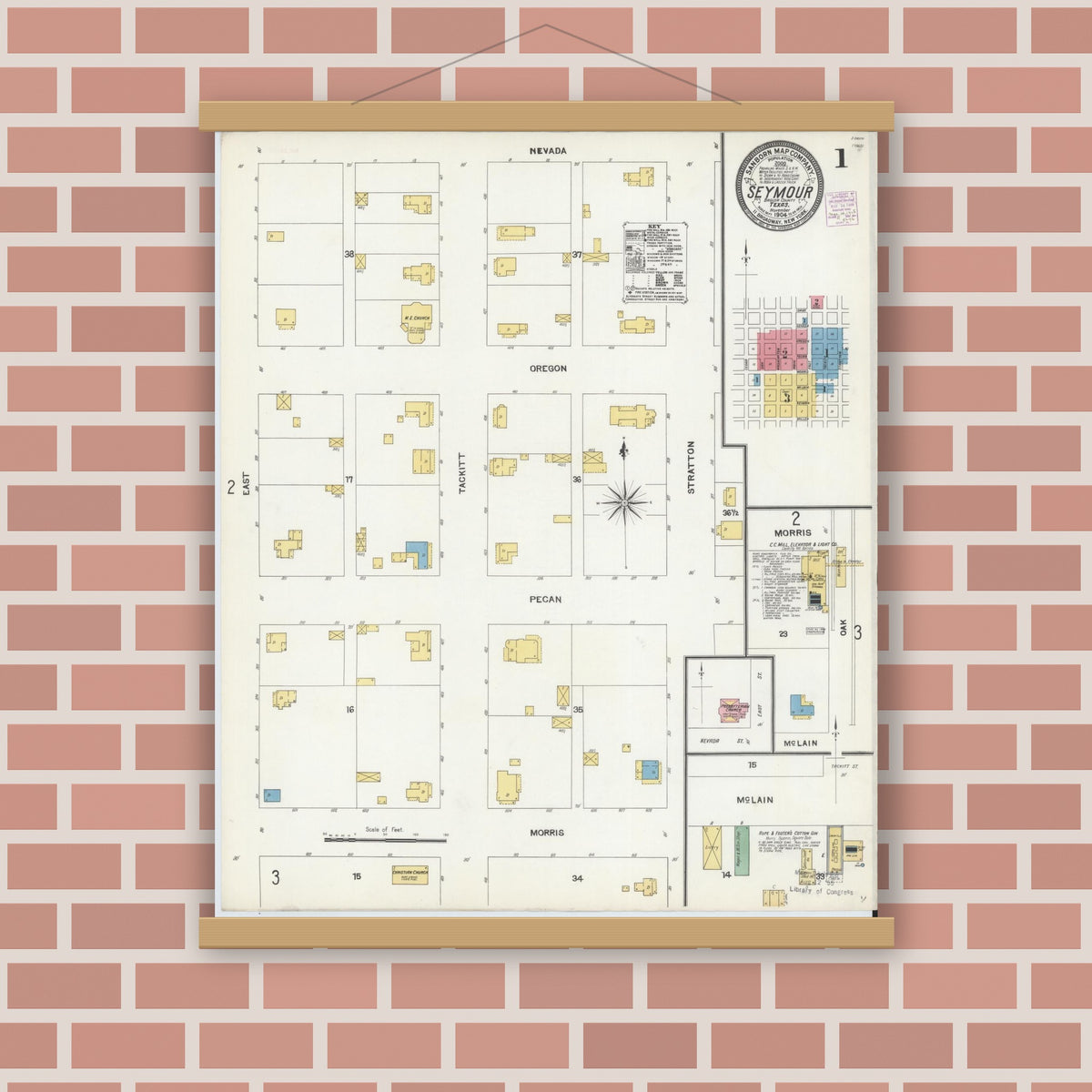 Old map wall art mockup — magnetic wood frame on brick wall — Sanborn Fire Insurance Map from Seymour, Baylor County, Texas (1904) - Complete Map Set