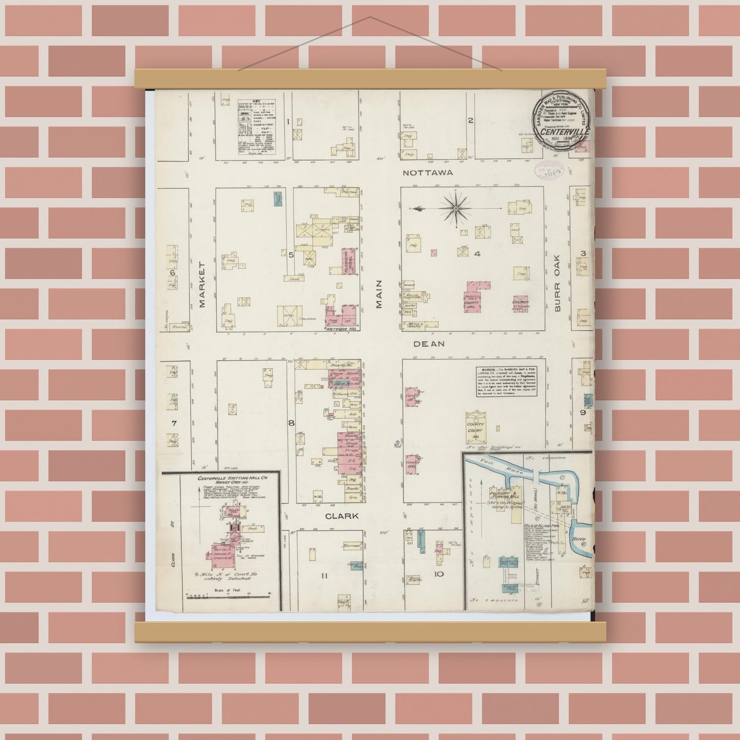 Old map wall art mockup — magnetic wood frame on brick wall — Sanborn Fire Insurance Map from Centreville, Saint Joseph County, Michigan (1884), Sheet #0001