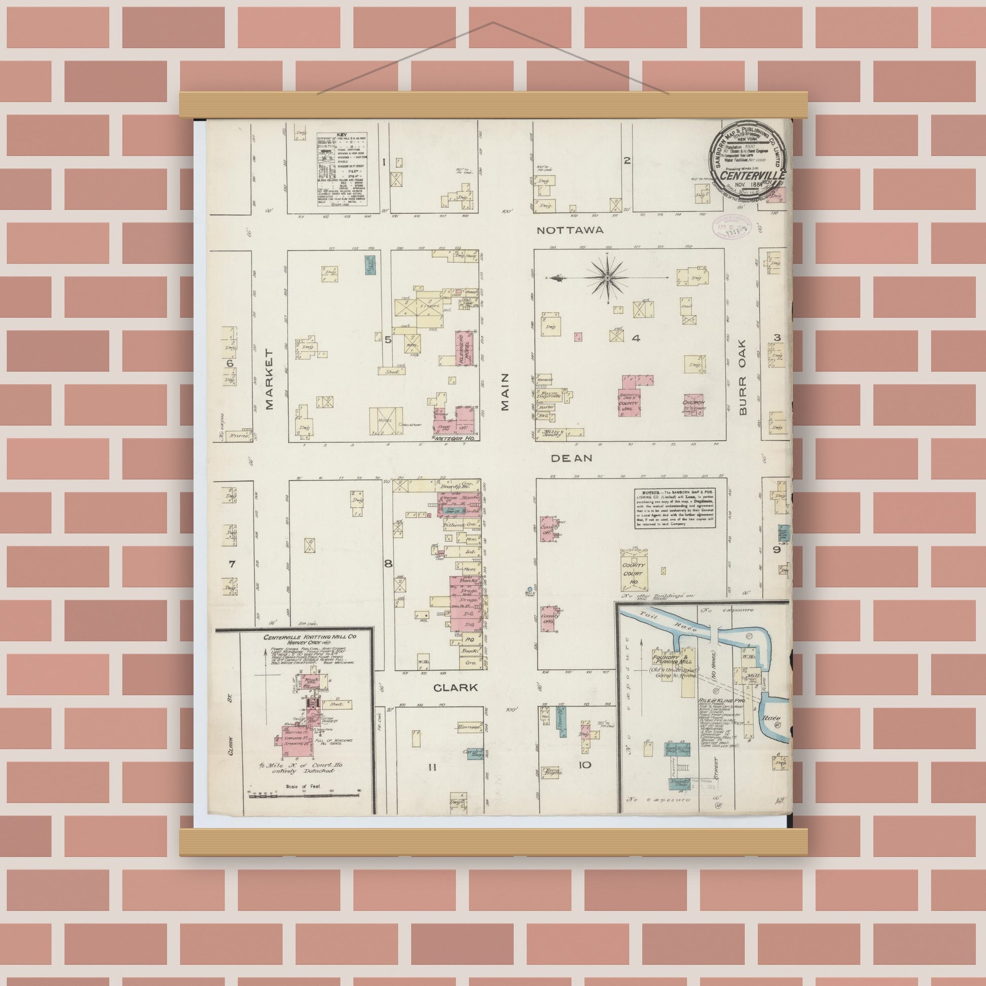 Old map wall art mockup — magnetic wood frame on brick wall — Sanborn Fire Insurance Map from Centreville, Saint Joseph County, Michigan (1884), Sheet #0001
