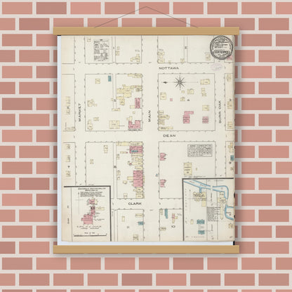 Old map wall art mockup — magnetic wood frame on brick wall — Sanborn Fire Insurance Map from Centreville, Saint Joseph County, Michigan (1884), Sheet #0001