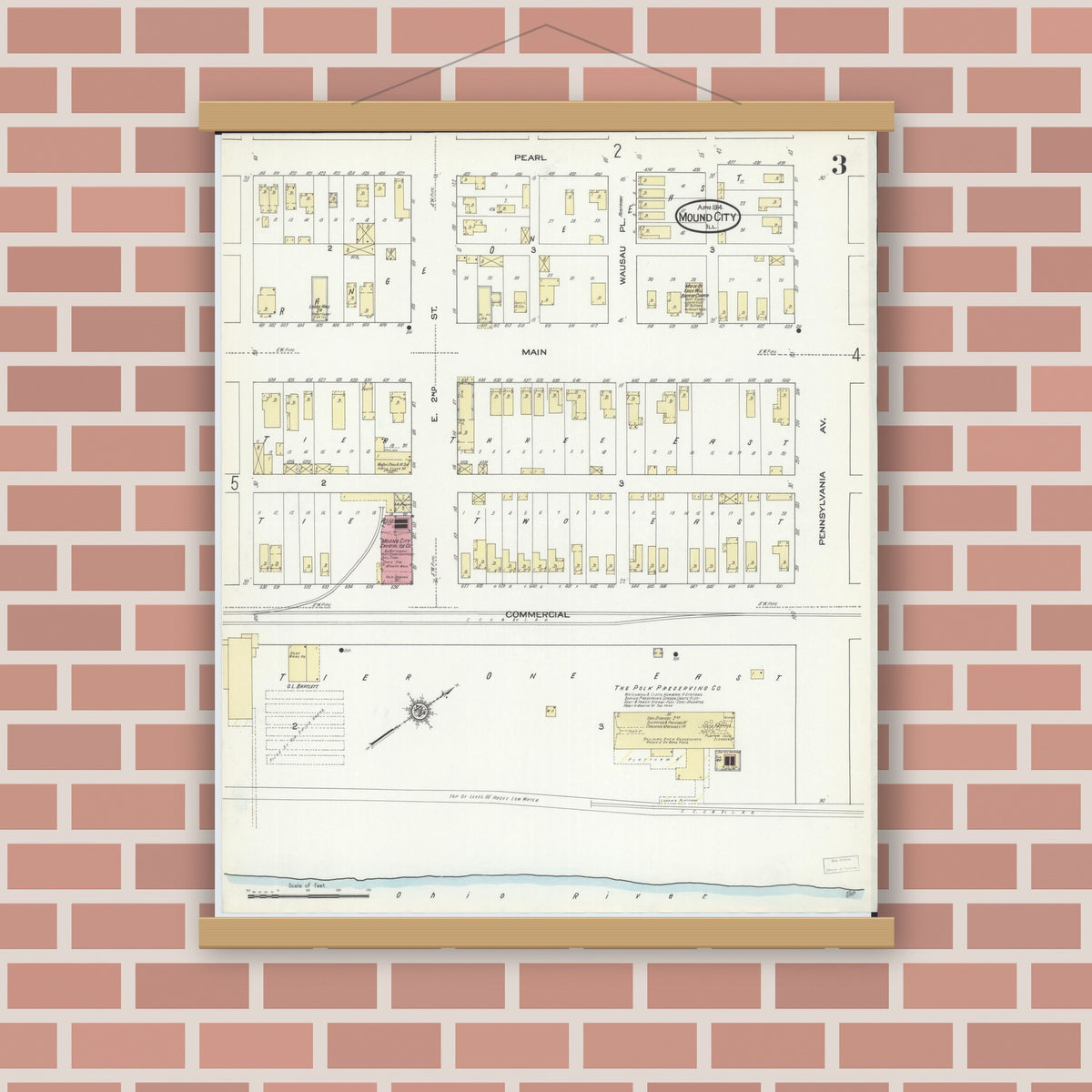 Old map wall art mockup — magnetic wood frame on brick wall — Sanborn Fire Insurance Map from Mound City, Pulaski County, Illinois (1914), Sheet #0003
