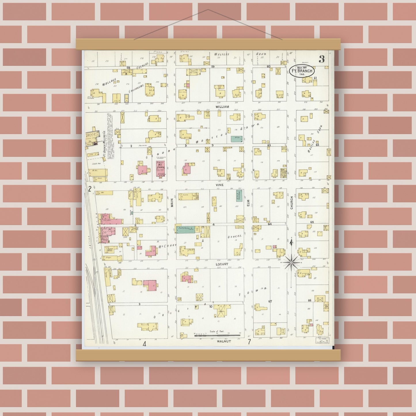 Old map wall art mockup — magnetic wood frame on brick wall — Sanborn Fire Insurance Map from Fort Branch, Gibson County, Indiana (1907), Sheet #0003