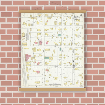 Old map wall art mockup — magnetic wood frame on brick wall — Sanborn Fire Insurance Map from Fort Branch, Gibson County, Indiana (1907), Sheet #0003