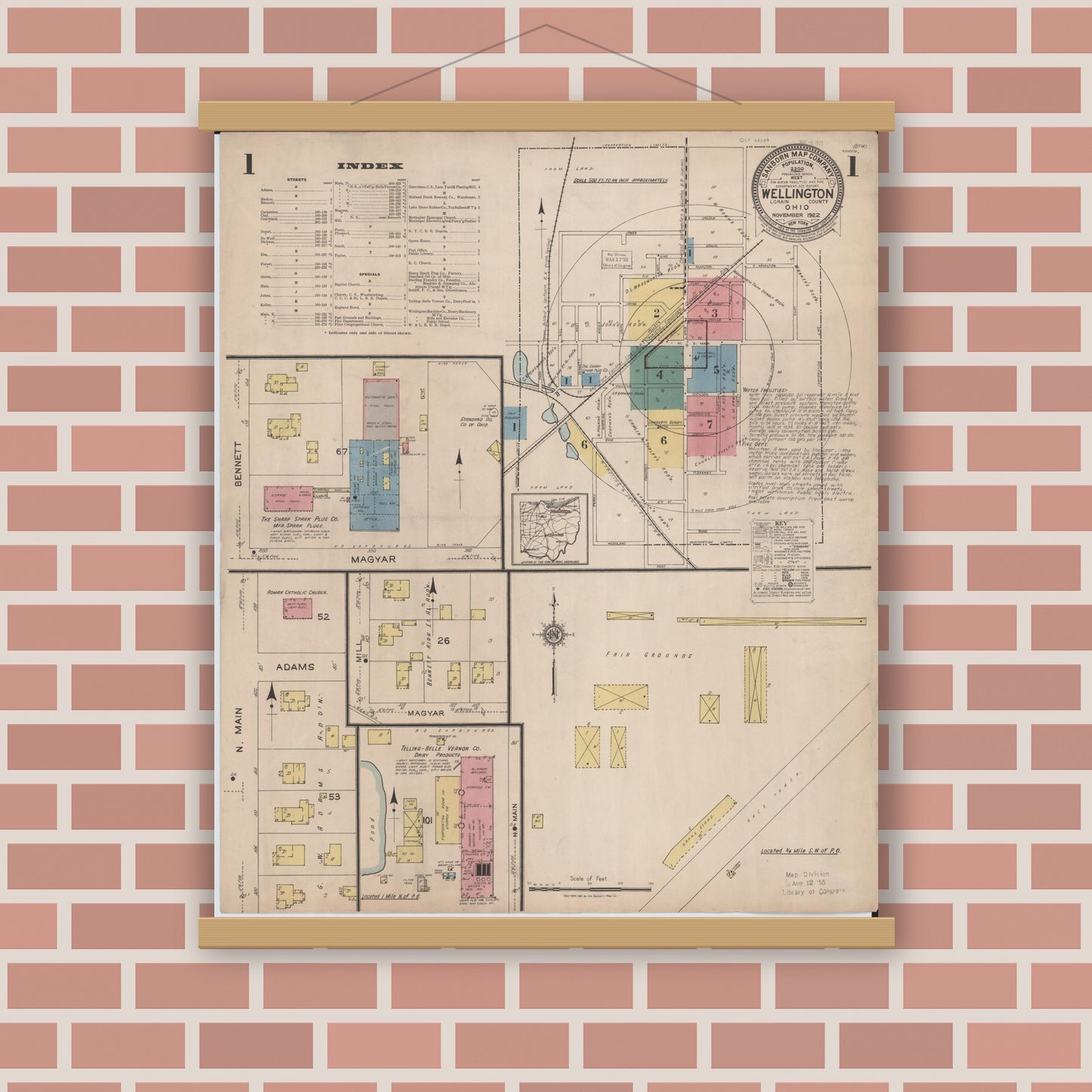 Old map wall art mockup — magnetic wood frame on brick wall — Sanborn Fire Insurance Map from Wellington, Lorain County, Ohio (1922) - Complete Map Set