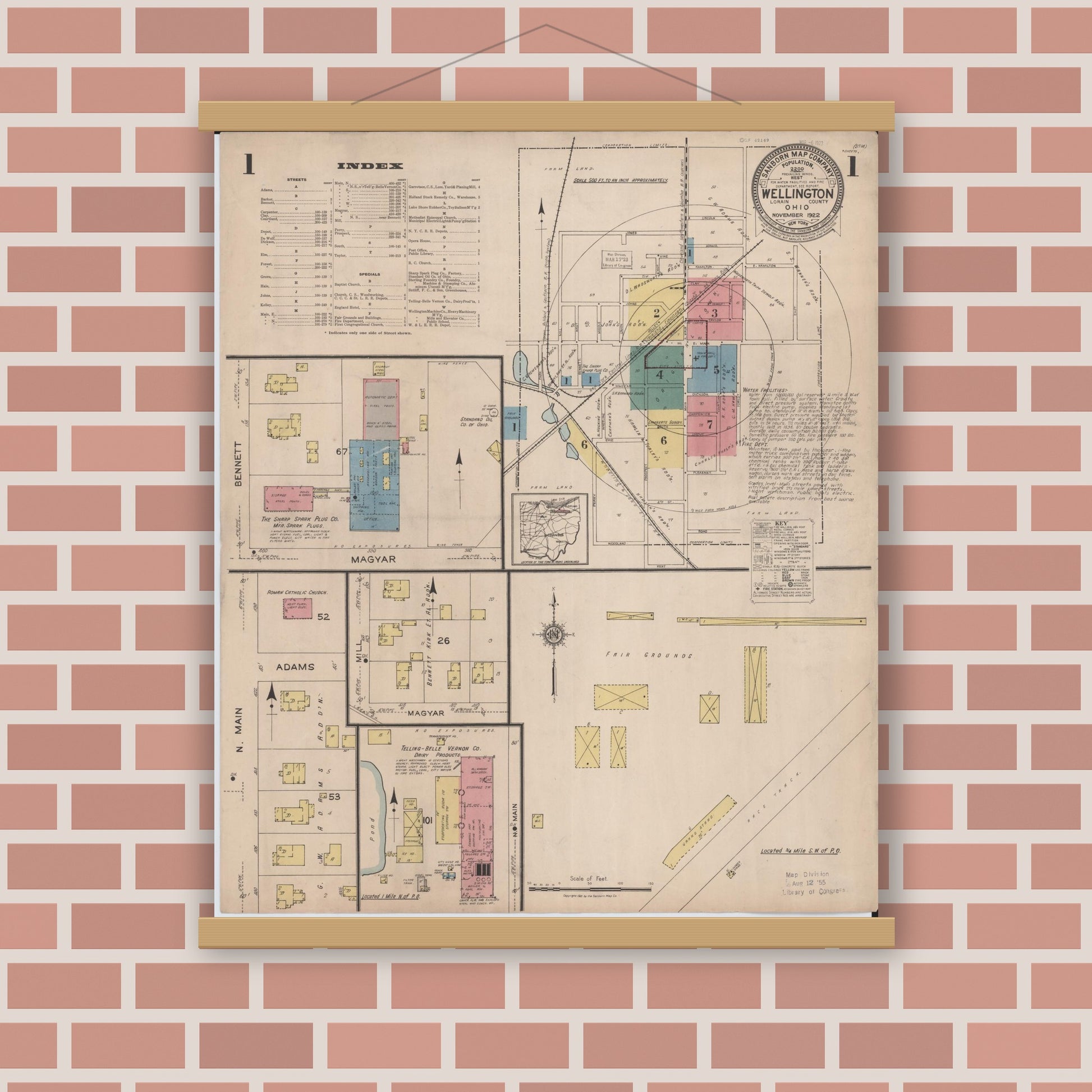 Old map wall art mockup — magnetic wood frame on brick wall — Sanborn Fire Insurance Map from Wellington, Lorain County, Ohio (1922) - Complete Map Set