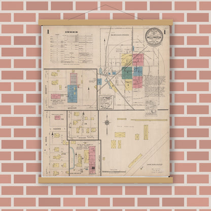 Old map wall art mockup — magnetic wood frame on brick wall — Sanborn Fire Insurance Map from Wellington, Lorain County, Ohio (1922) - Complete Map Set