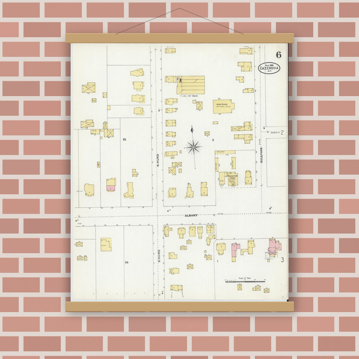 Old map wall art mockup — magnetic wood frame on brick wall — Sanborn Fire Insurance Map from Cazenovia, Madison County, New York (1906), Sheet #0006