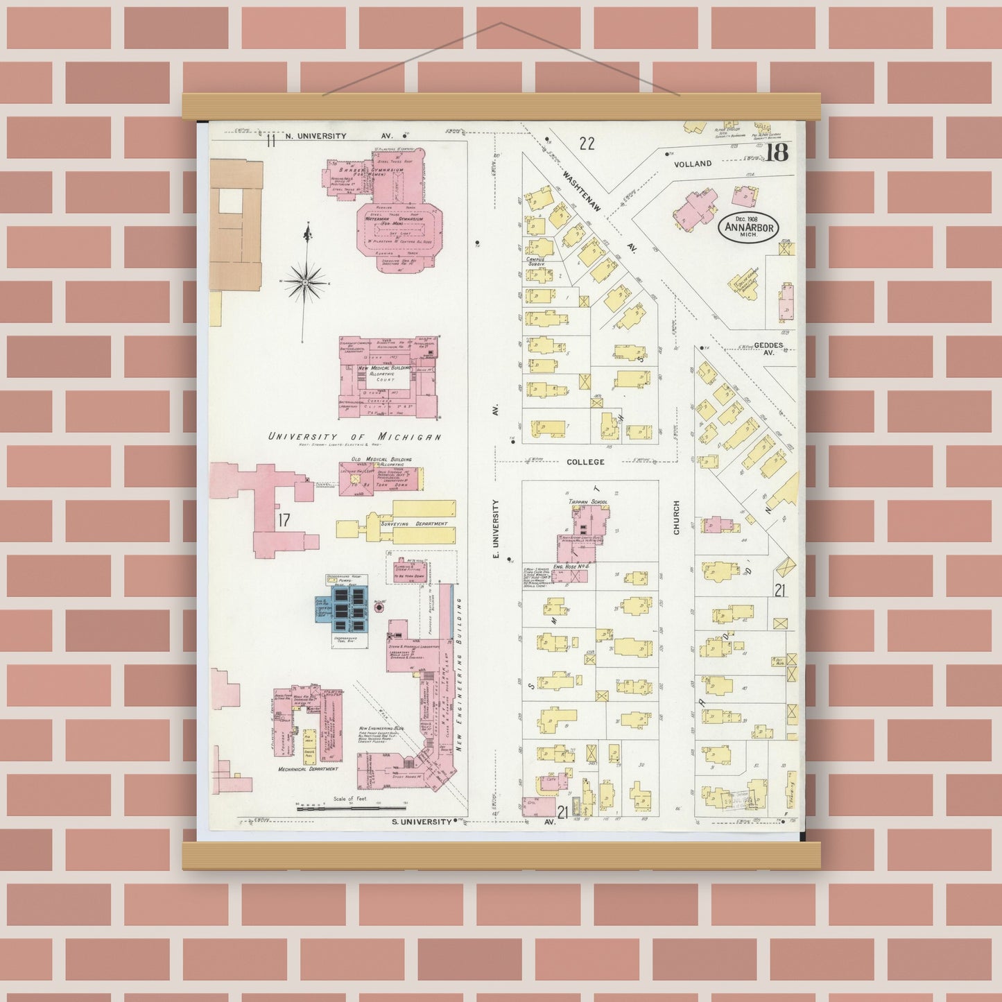 Old map wall art mockup — magnetic wood frame on brick wall — Sanborn Fire Insurance Map from Ann Arbor, Washtenaw County, Michigan (1908), Sheet #0018