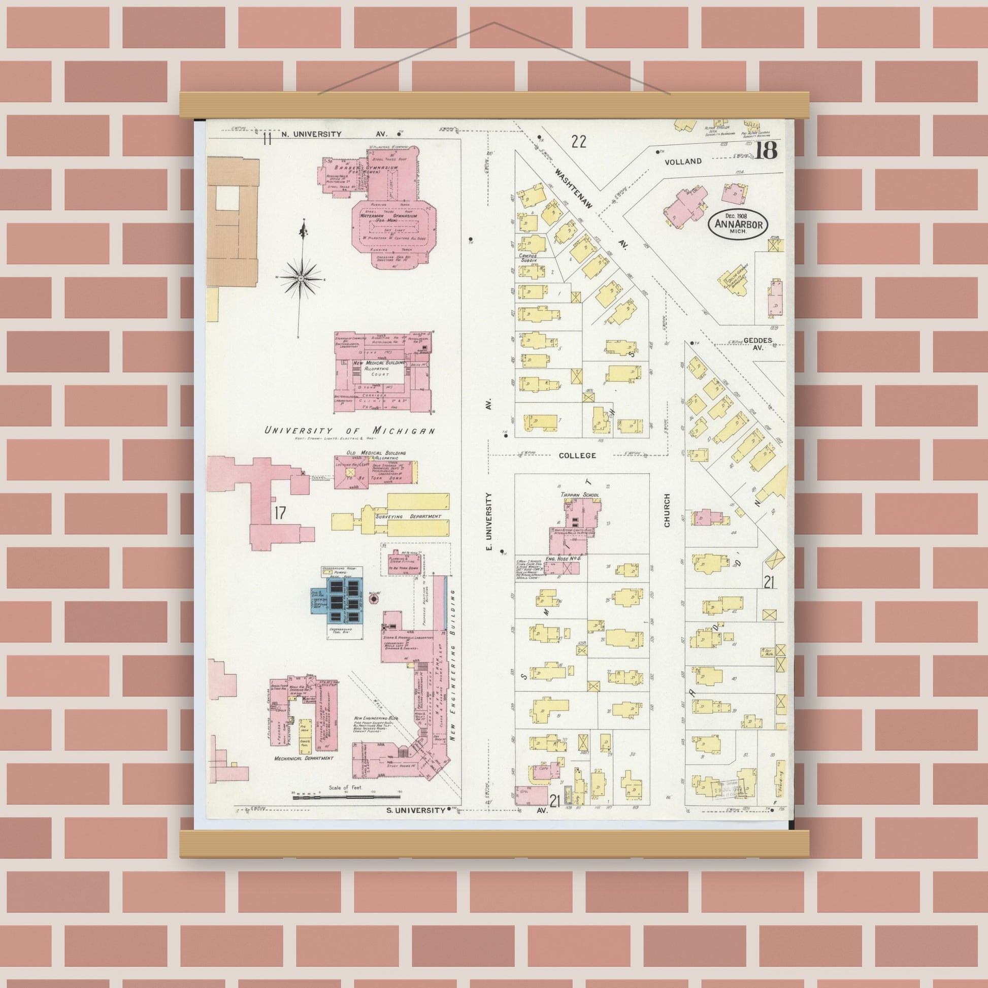 Old map wall art mockup — magnetic wood frame on brick wall — Sanborn Fire Insurance Map from Ann Arbor, Washtenaw County, Michigan (1908), Sheet #0018