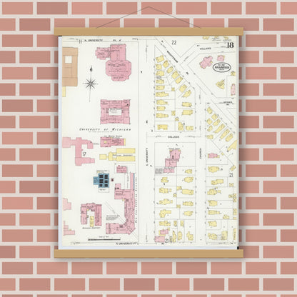 Old map wall art mockup — magnetic wood frame on brick wall — Sanborn Fire Insurance Map from Ann Arbor, Washtenaw County, Michigan (1908), Sheet #0018