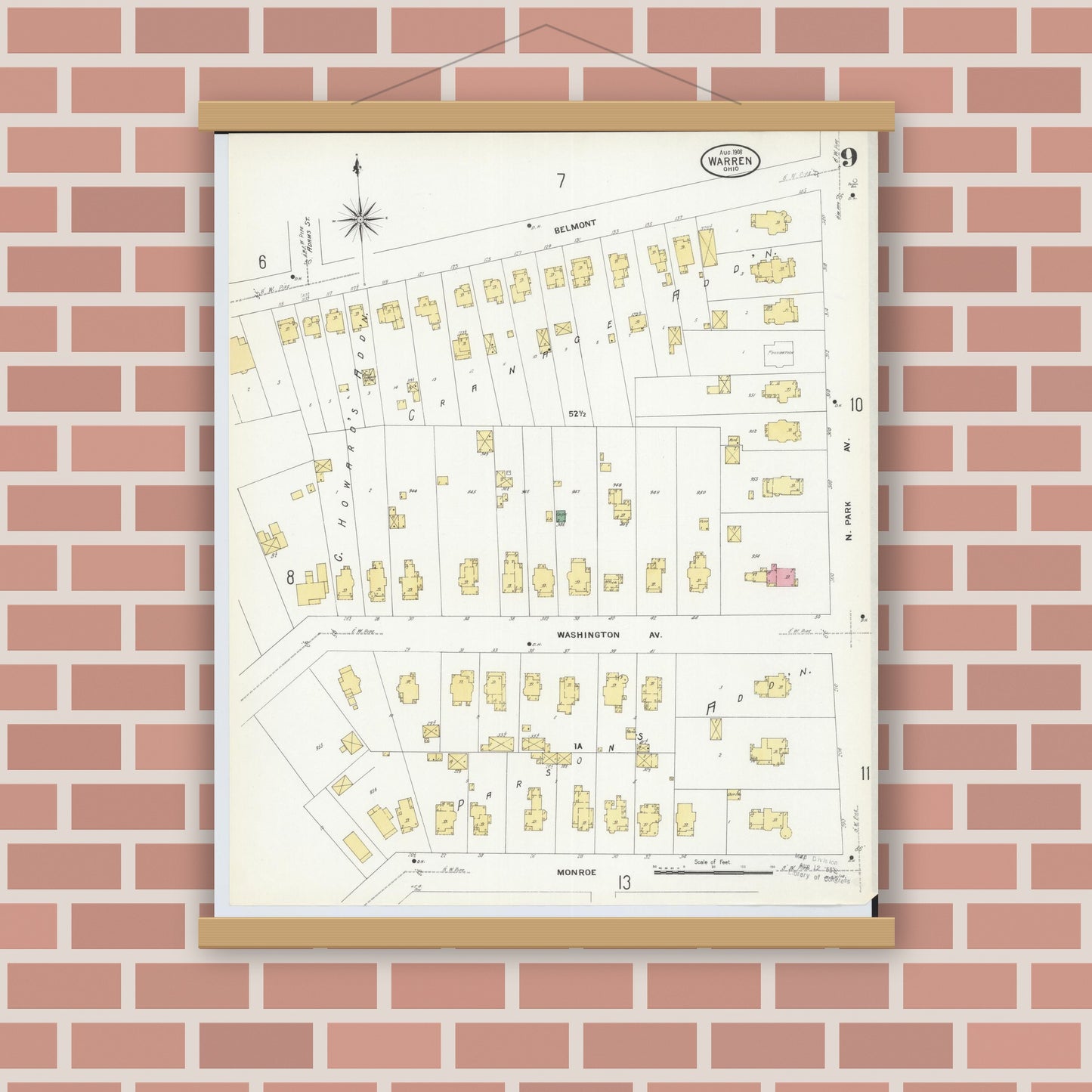 Old map wall art mockup — magnetic wood frame on brick wall — Sanborn Fire Insurance Map from Warren, Trumbull County, Ohio (1908), Sheet #0009