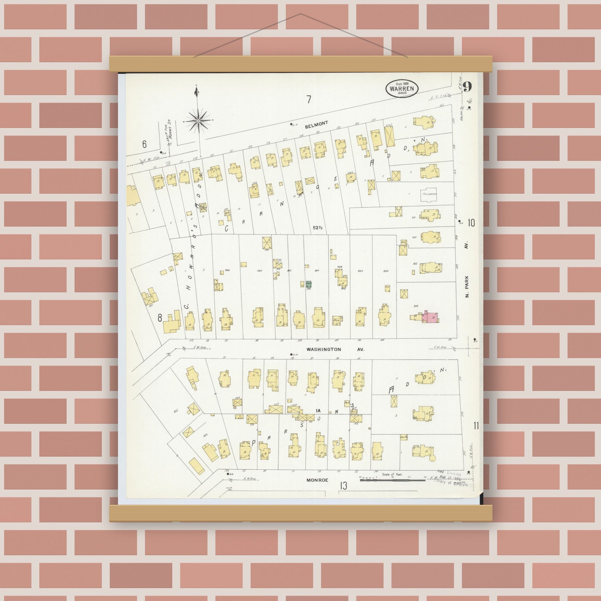 Old map wall art mockup — magnetic wood frame on brick wall — Sanborn Fire Insurance Map from Warren, Trumbull County, Ohio (1908), Sheet #0009
