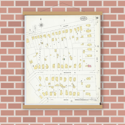 Old map wall art mockup — magnetic wood frame on brick wall — Sanborn Fire Insurance Map from Warren, Trumbull County, Ohio (1908), Sheet #0009