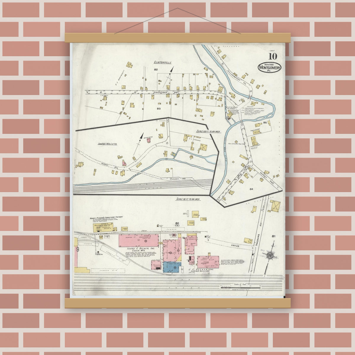 Old map wall art mockup — magnetic wood frame on brick wall — Sanborn Fire Insurance Map from Montgomery, Lycoming County, Pennsylvania (1920), Sheet #0010