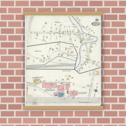 Old map wall art mockup — magnetic wood frame on brick wall — Sanborn Fire Insurance Map from Montgomery, Lycoming County, Pennsylvania (1920), Sheet #0010
