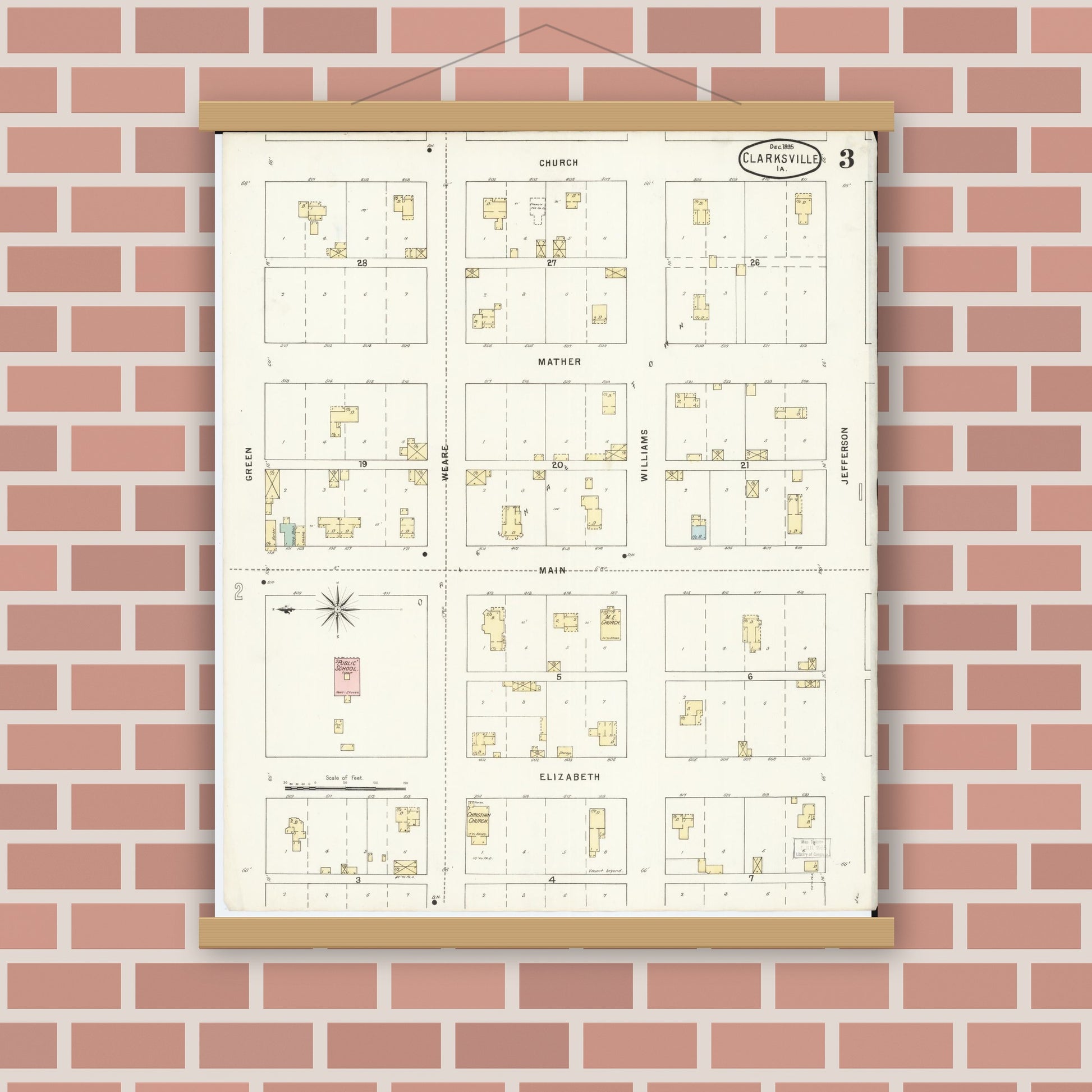 Old map wall art mockup — magnetic wood frame on brick wall — Sanborn Fire Insurance Map from Clarksville, Butler County, Iowa (1895), Sheet #0003