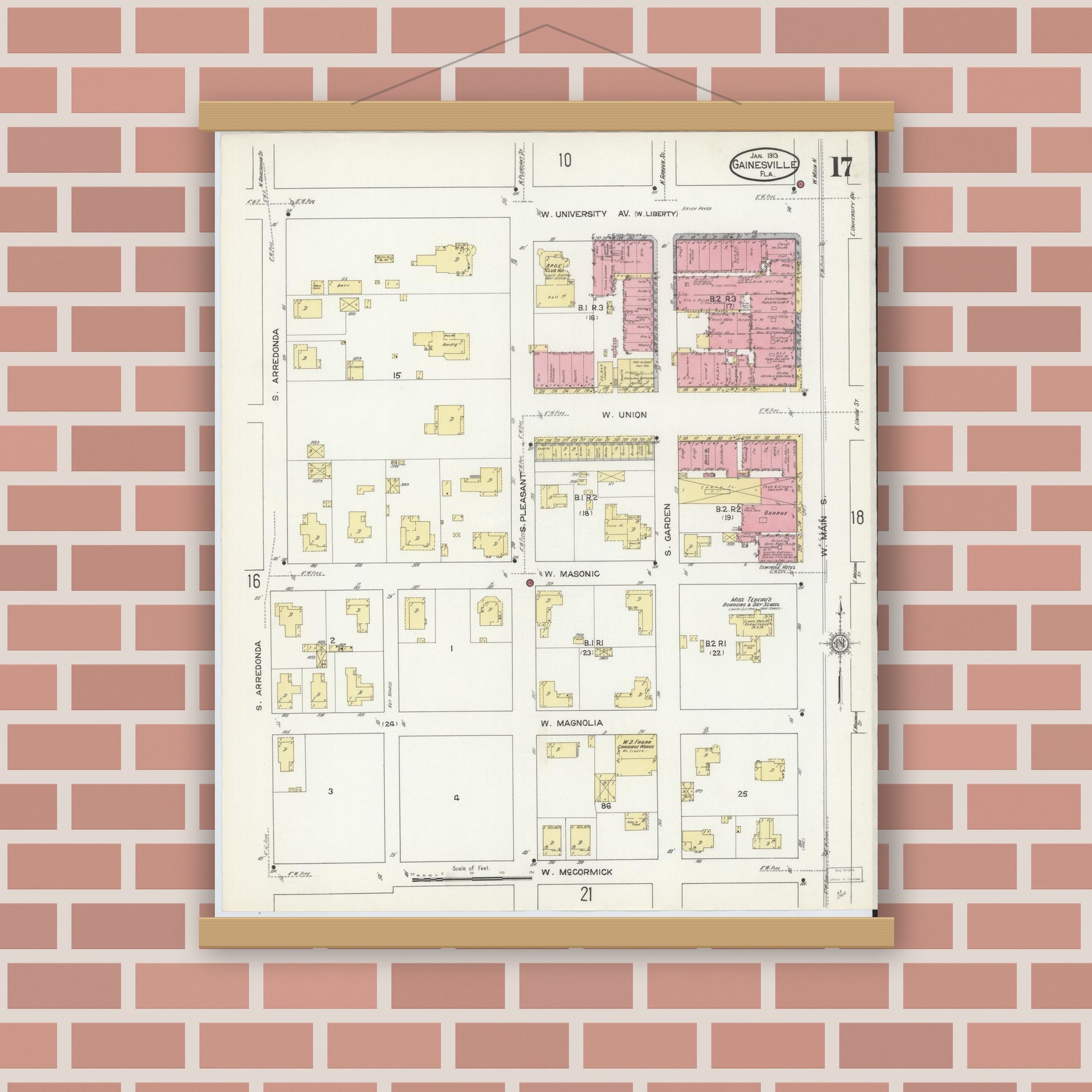 Old map wall art mockup — magnetic wood frame on brick wall — Sanborn Fire Insurance Map from Gainesville, Alachua County, Florida (1913), Sheet #0017