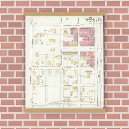 Old map wall art mockup — magnetic wood frame on brick wall — Sanborn Fire Insurance Map from Gainesville, Alachua County, Florida (1913), Sheet #0017
