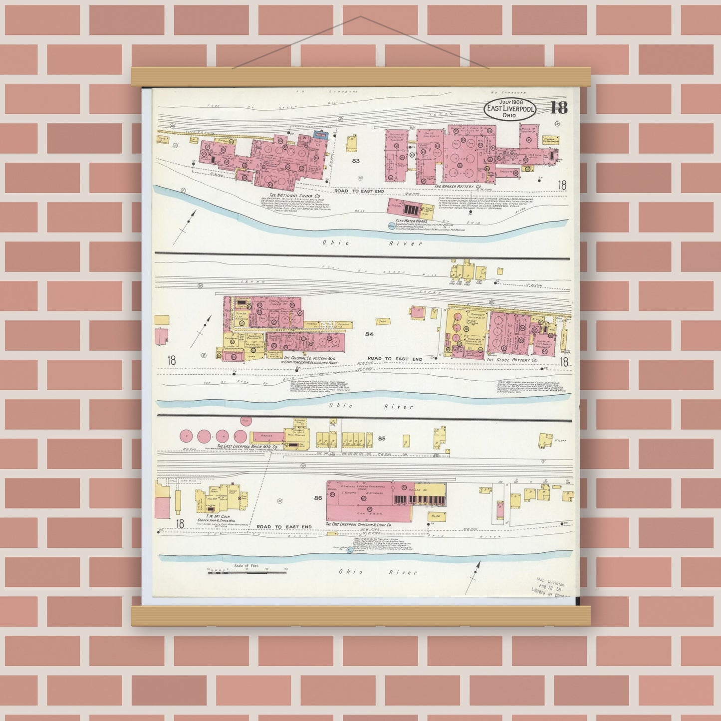 Old map wall art mockup — magnetic wood frame on brick wall — Sanborn Fire Insurance Map from East Liverpool, Columbiana County, Ohio (1908), Sheet #0018