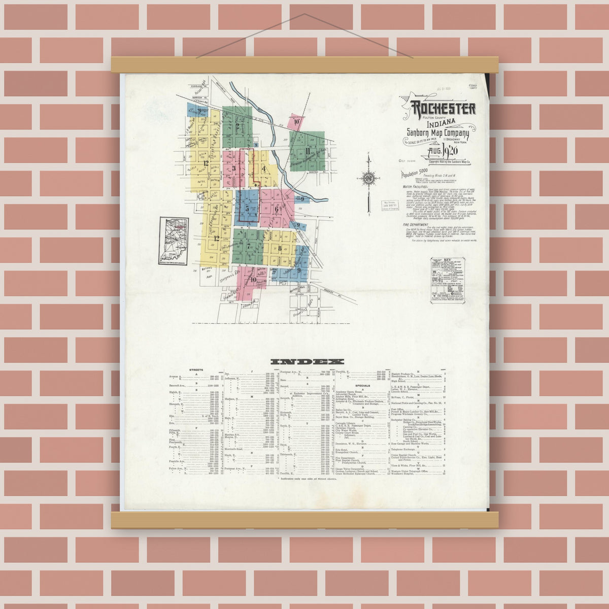 Old map wall art mockup — magnetic wood frame on brick wall — Sanborn Fire Insurance Map from Rochester, Fulton County, Indiana (1920), Sheet #0001