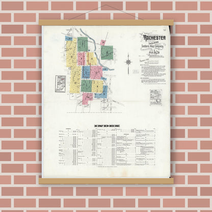 Old map wall art mockup — magnetic wood frame on brick wall — Sanborn Fire Insurance Map from Rochester, Fulton County, Indiana (1920), Sheet #0001