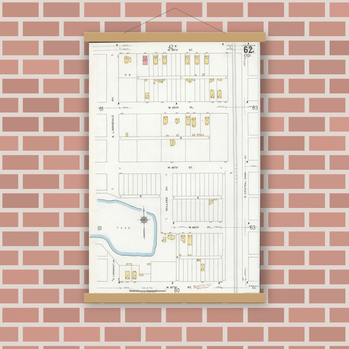 Old map wall art mockup — magnetic wood frame on brick wall — Sanborn Fire Insurance Map from Chicago, Cook County, Illinois (1920), Sheet #0062