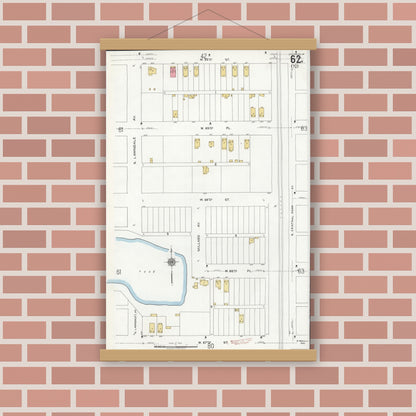 Old map wall art mockup — magnetic wood frame on brick wall — Sanborn Fire Insurance Map from Chicago, Cook County, Illinois (1920), Sheet #0062