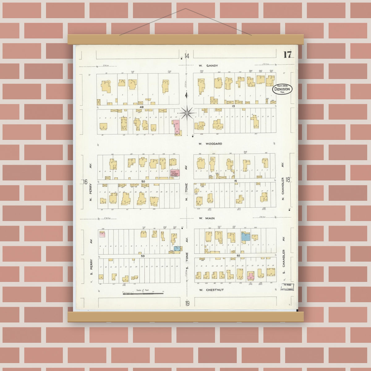 Old map wall art mockup — magnetic wood frame on brick wall — Sanborn Fire Insurance Map from Denison, Grayson County, Texas (1908), Sheet #0017
