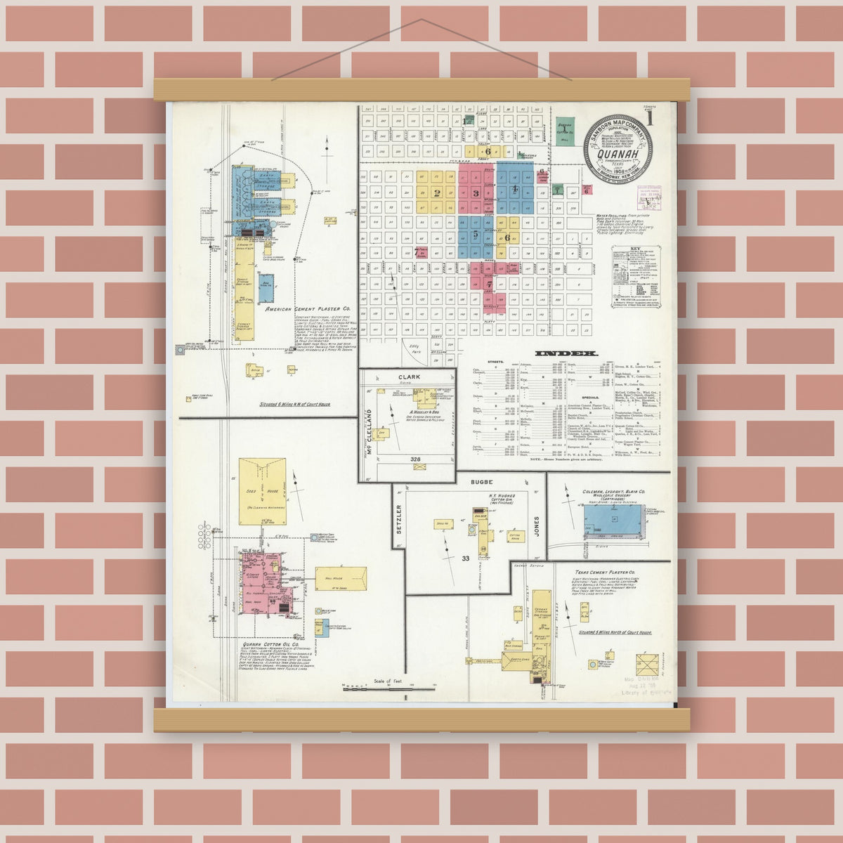 Old map wall art mockup — magnetic wood frame on brick wall — Sanborn Fire Insurance Map from Quanah, Hardeman County, Texas (1908) - Complete Map Set