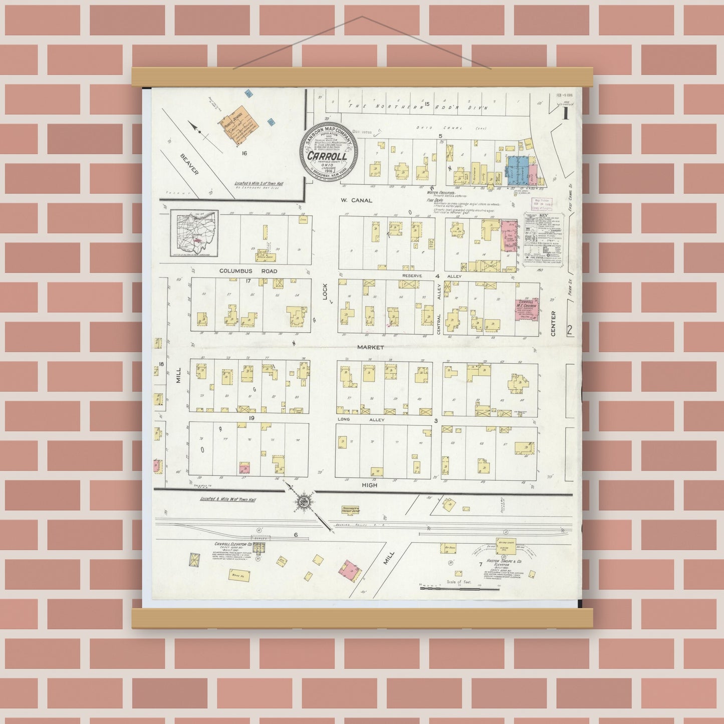 Old map wall art mockup — magnetic wood frame on brick wall — Sanborn Fire Insurance Map from Carroll, Fairfield County, Ohio (1916), Sheet #0001