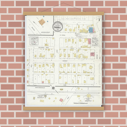 Old map wall art mockup — magnetic wood frame on brick wall — Sanborn Fire Insurance Map from Carroll, Fairfield County, Ohio (1916), Sheet #0001
