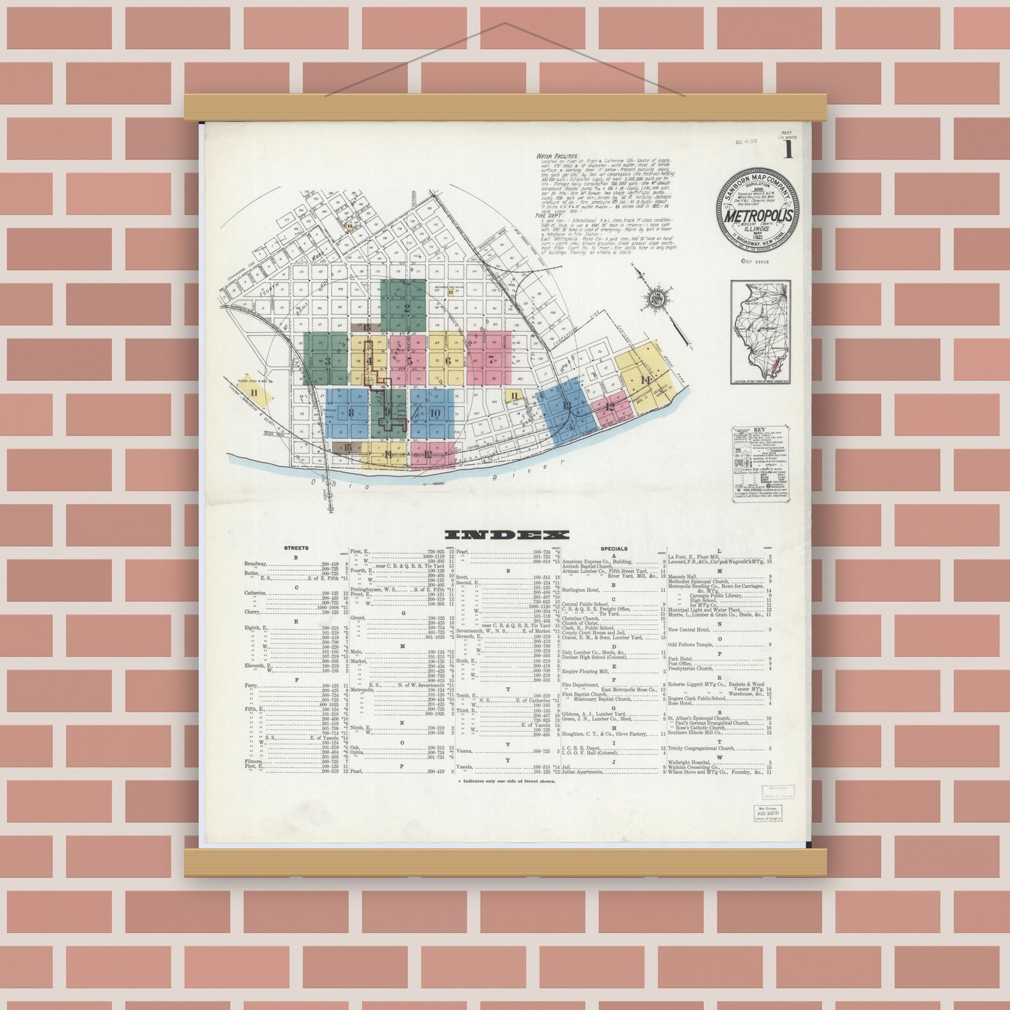 Old map wall art mockup — magnetic wood frame on brick wall — Sanborn Fire Insurance Map from Metropolis, Massac County, Illinois (1921), Sheet #0001
