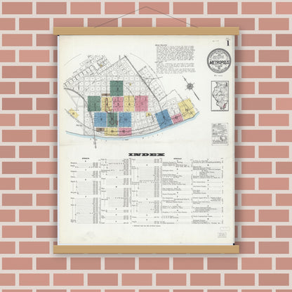 Old map wall art mockup — magnetic wood frame on brick wall — Sanborn Fire Insurance Map from Metropolis, Massac County, Illinois (1921), Sheet #0001