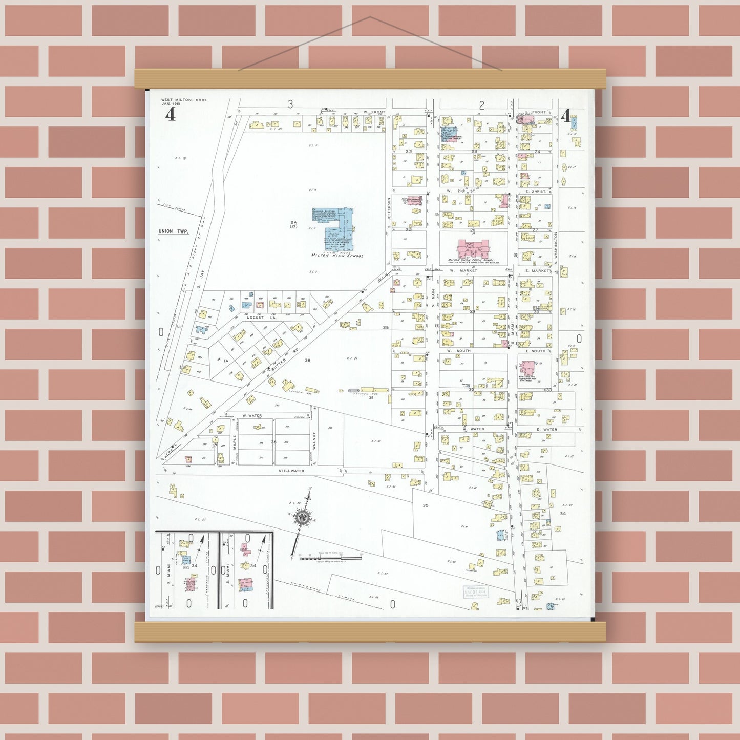 Old map wall art mockup — magnetic wood frame on brick wall — Sanborn Fire Insurance Map from West Milton, Miami County, Ohio (1951), Sheet #0004