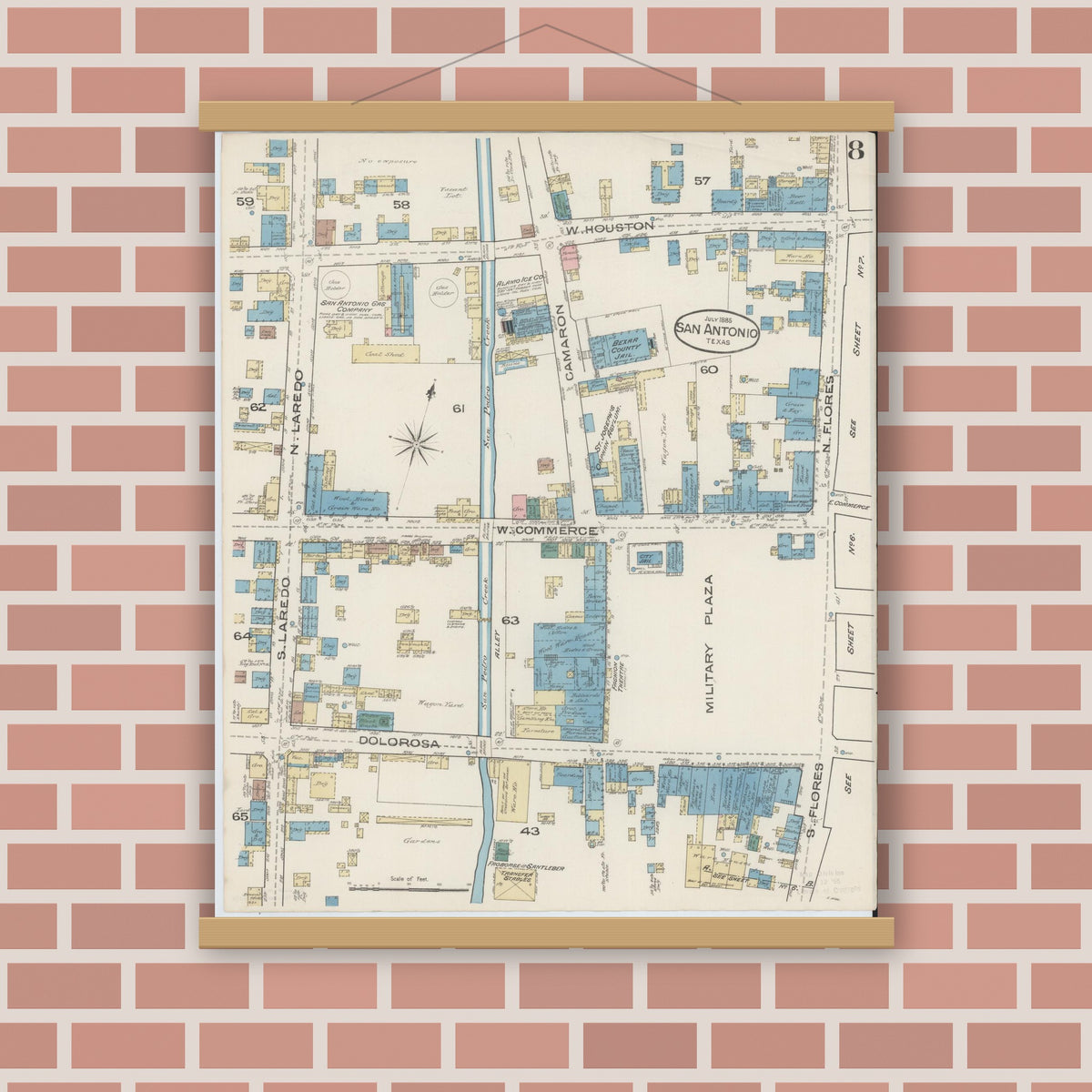 Old map wall art mockup — magnetic wood frame on brick wall — Sanborn Fire Insurance Map from San Antonio, Bexar County, Texas (1885), Sheet #0008