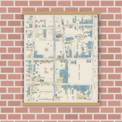 Old map wall art mockup — magnetic wood frame on brick wall — Sanborn Fire Insurance Map from San Antonio, Bexar County, Texas (1885), Sheet #0008