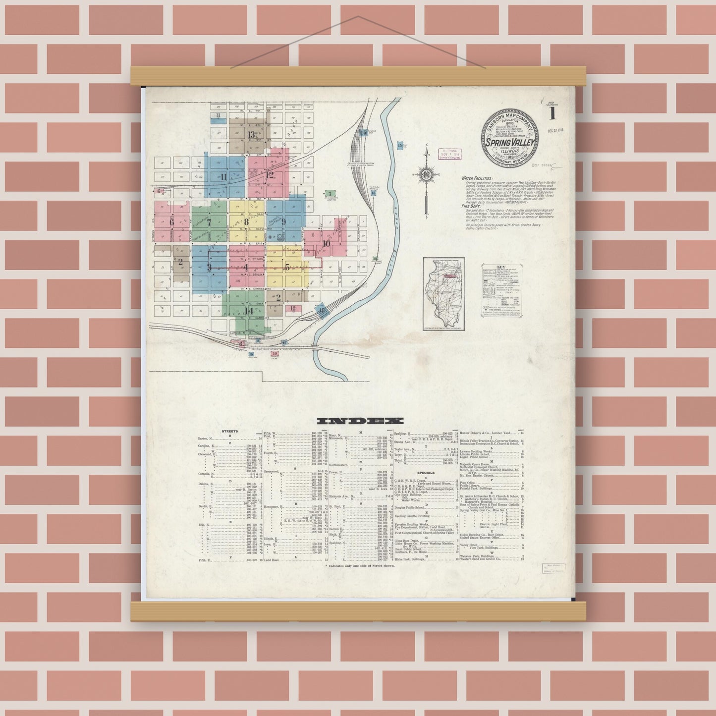 Old map wall art mockup — magnetic wood frame on brick wall — Sanborn Fire Insurance Map from Spring Valley, Bureau County, Illinois (1913) - Complete Map Set