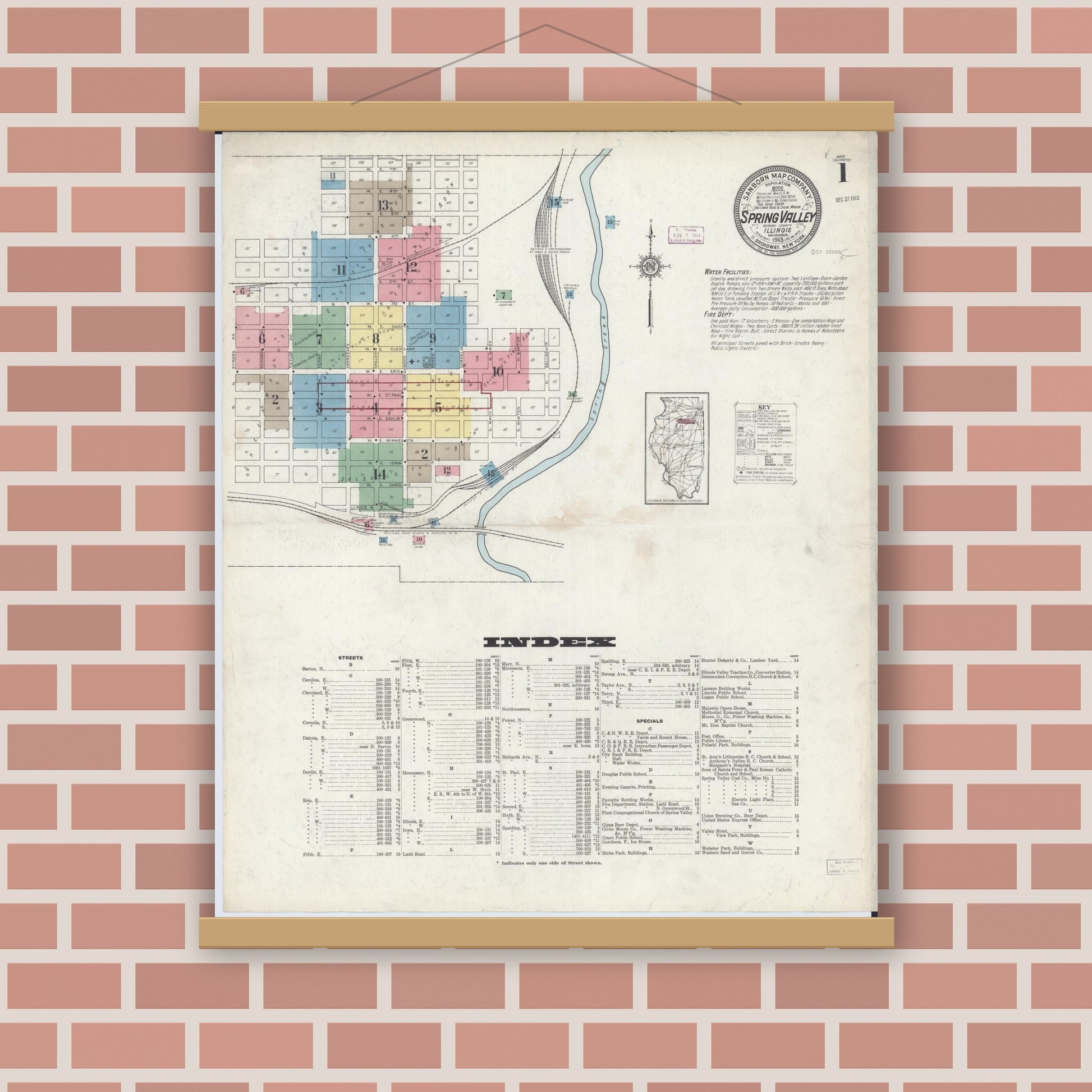 Old map wall art mockup — magnetic wood frame on brick wall — Sanborn Fire Insurance Map from Spring Valley, Bureau County, Illinois (1913) - Complete Map Set