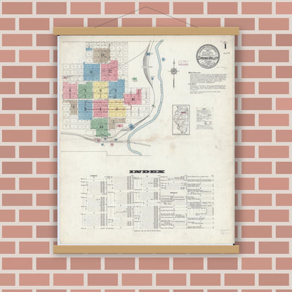Old map wall art mockup — magnetic wood frame on brick wall — Sanborn Fire Insurance Map from Spring Valley, Bureau County, Illinois (1913) - Complete Map Set