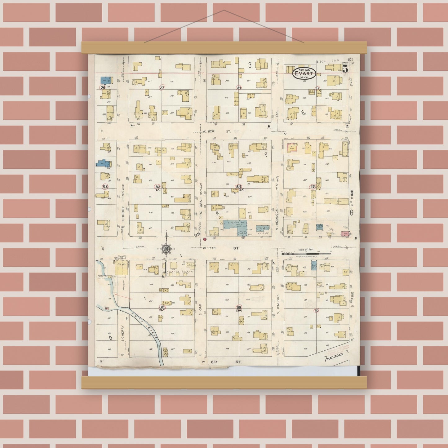 Old map wall art mockup — magnetic wood frame on brick wall — Sanborn Fire Insurance Map from Evart, Osceola County, Michigan (1942), Sheet #0005