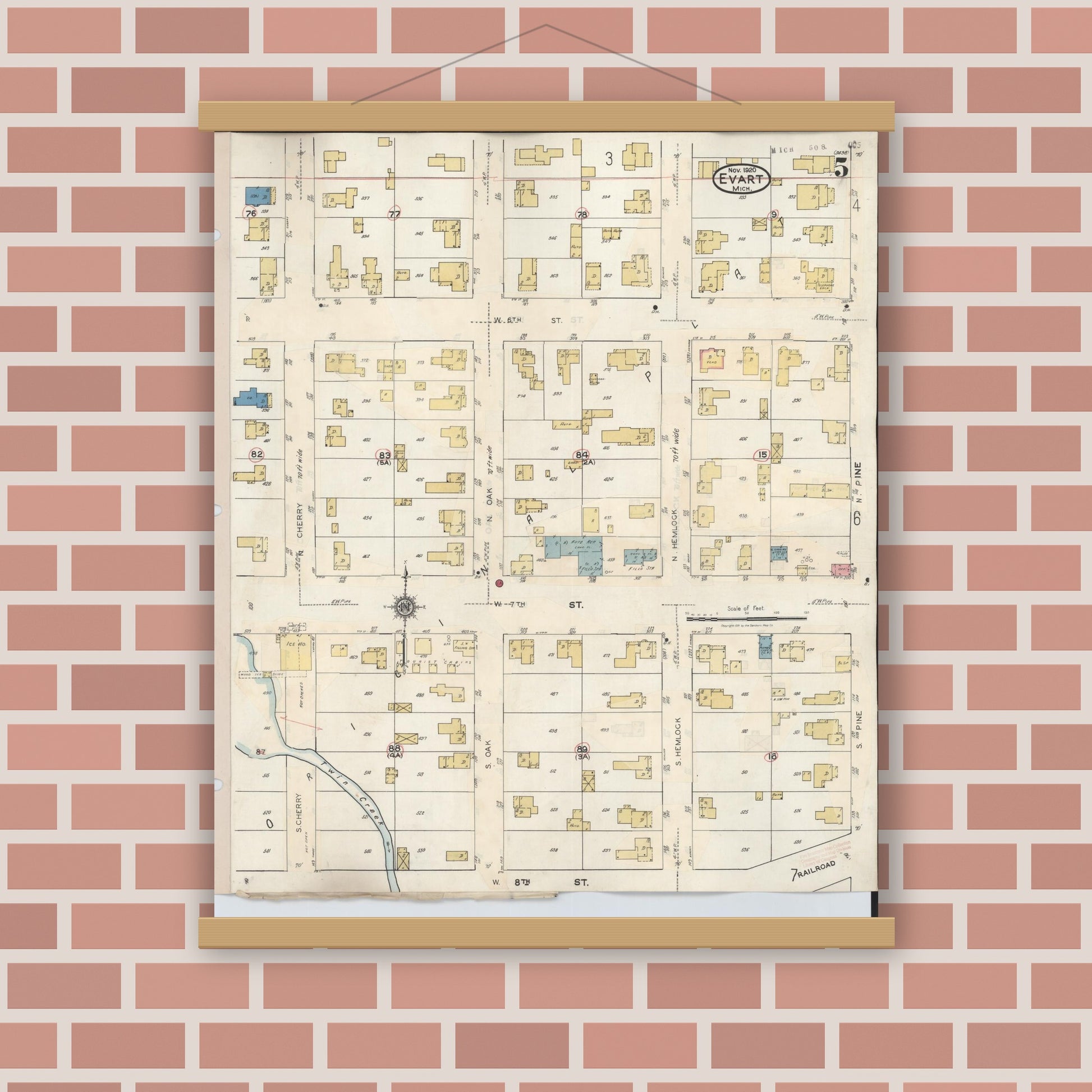 Old map wall art mockup — magnetic wood frame on brick wall — Sanborn Fire Insurance Map from Evart, Osceola County, Michigan (1942), Sheet #0005