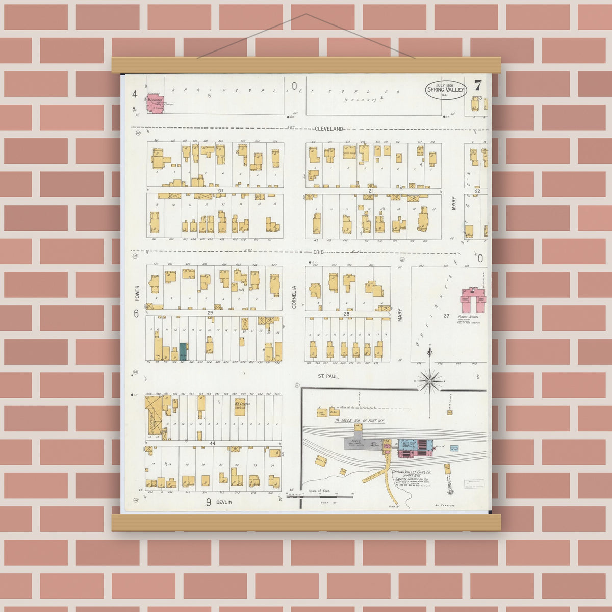 Old map wall art mockup — magnetic wood frame on brick wall — Sanborn Fire Insurance Map from Spring Valley, Bureau County, Illinois (1906), Sheet #0007